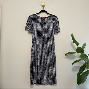 Tory Burch Silk Short Sleeve Gold Button Front Navy White Polka Dot Shirt Dress